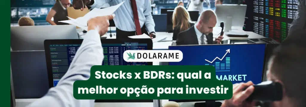 Imagem com telas de stock e pessoas trabalhando para indicar diferença entre stocks e bdrs